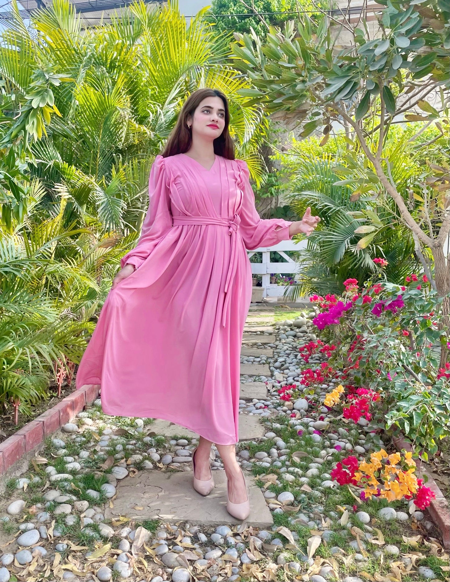 PINK CURVED PLATTED DRESS