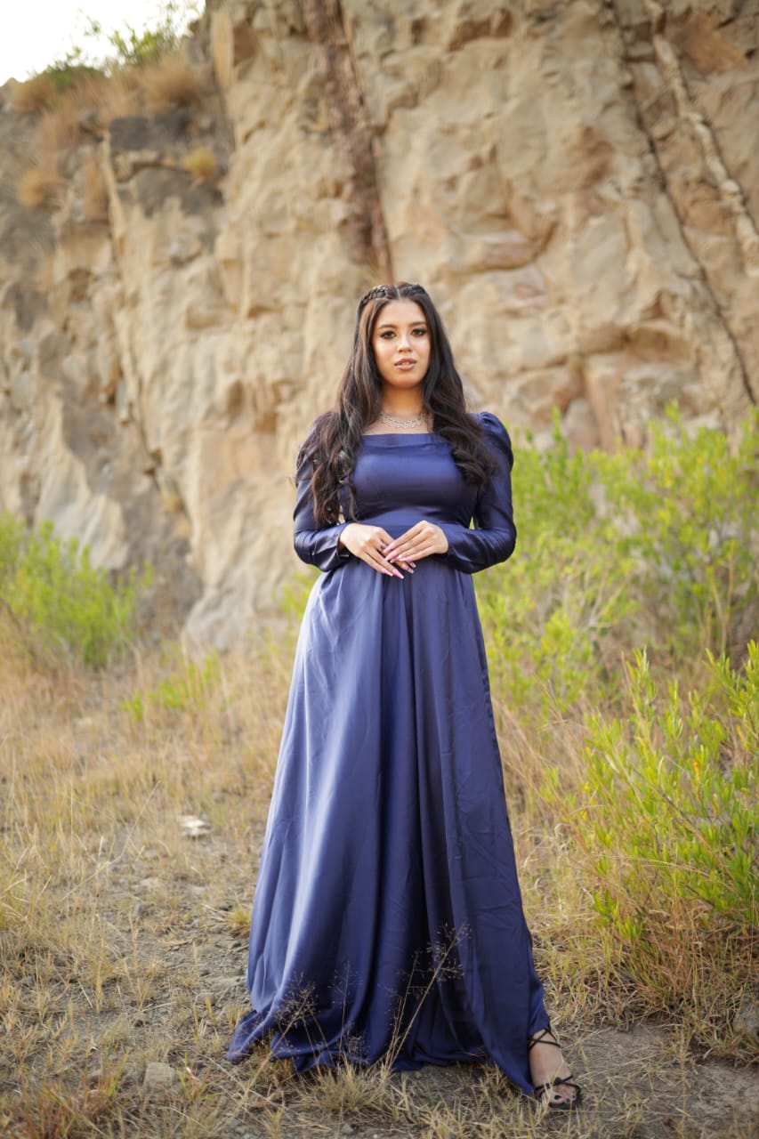 NAVYBLUE SQAURE NECK SILK MAXI