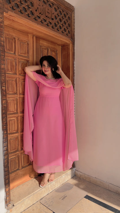 PINK CHIFFON CAPE SHAWL DRESS