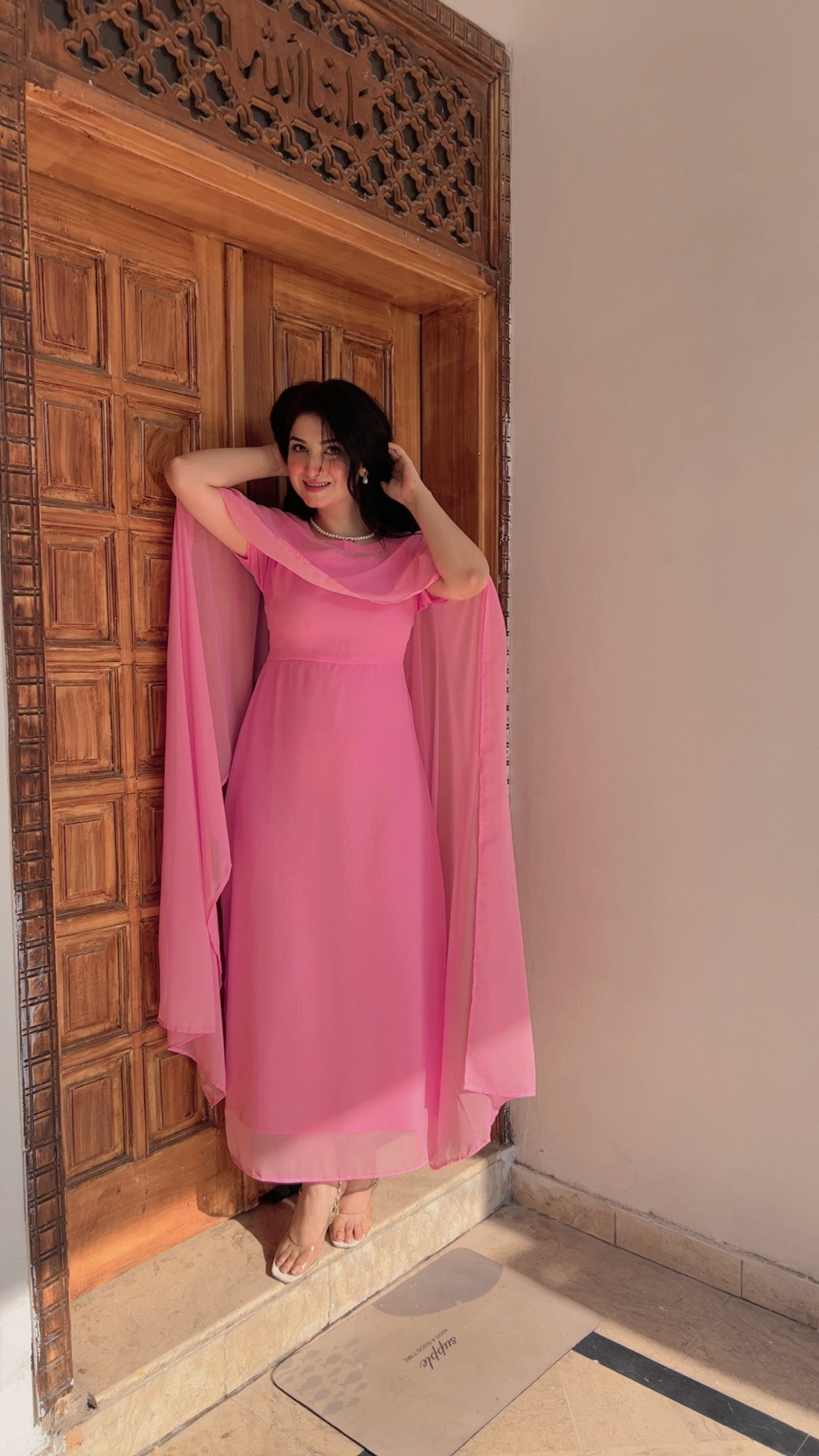 PINK CHIFFON CAPE SHAWL DRESS