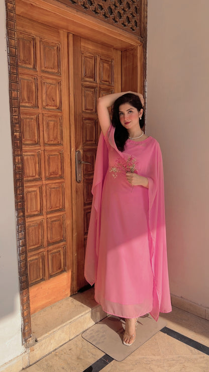 PINK CHIFFON CAPE SHAWL DRESS