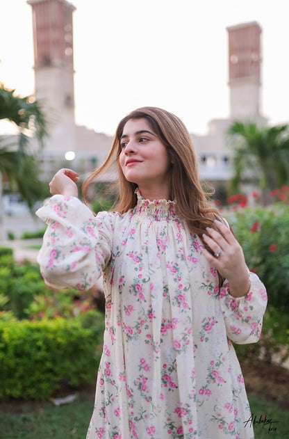 SMOCKED HIGH NECK DRESS