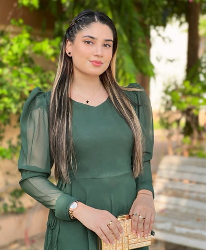 GREEN ROUND NECK SIDE KNOT DRESS