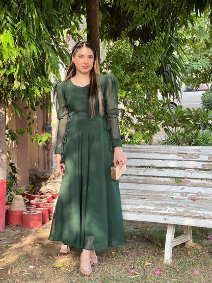 GREEN ROUND NECK SIDE KNOT DRESS