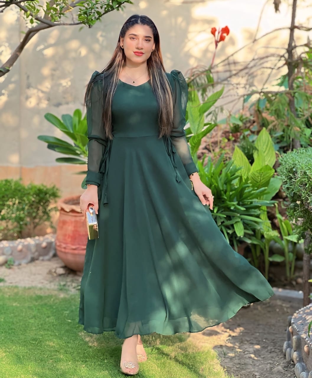 GREEN ROUND NECK SIDE KNOT DRESS
