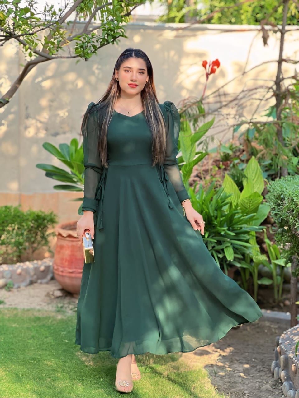 GREEN ROUND NECK SIDE KNOT DRESS