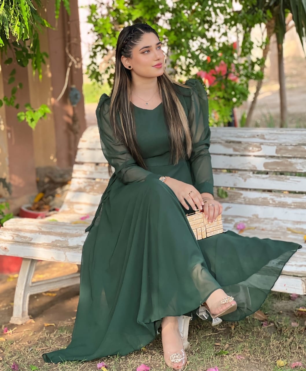 GREEN ROUND NECK SIDE KNOT DRESS