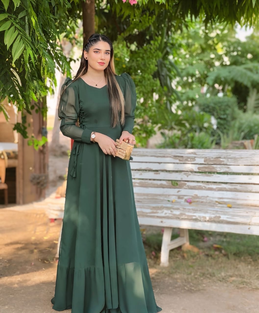 GREEN ROUND NECK SIDE KNOT DRESS