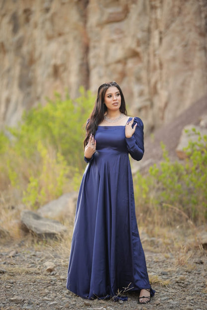 NAVYBLUE SQAURE NECK SILK MAXI