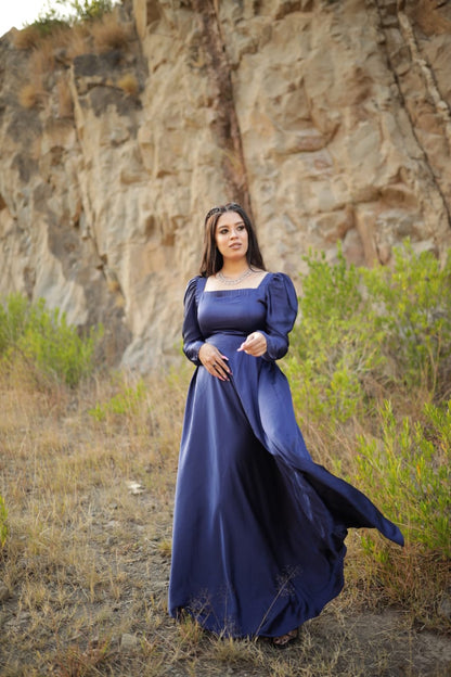 NAVYBLUE SQAURE NECK SILK MAXI
