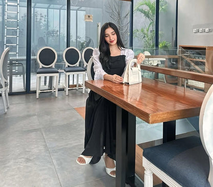 TWO TONE SQUARE NECK BISHOP DRESS SLEEVES