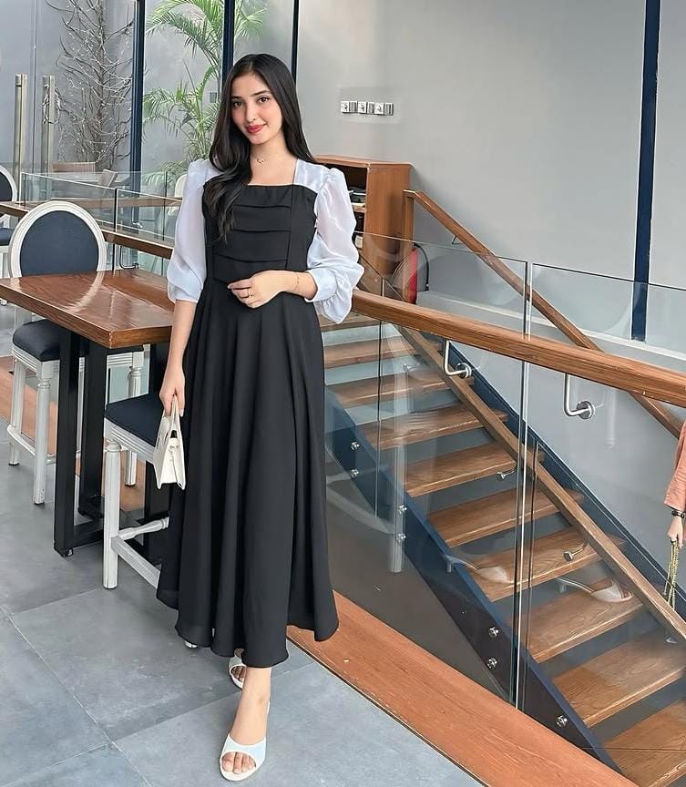 TWO TONE SQUARE NECK BISHOP DRESS SLEEVES