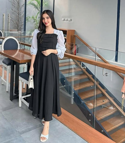 TWO TONE SQUARE NECK BISHOP DRESS SLEEVES