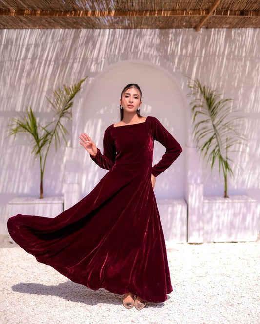 MAROON VELVET SQUARE NECK DRESS