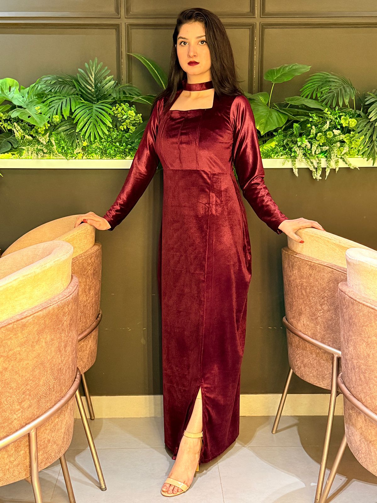MAROON VELVET MODEST DRESS