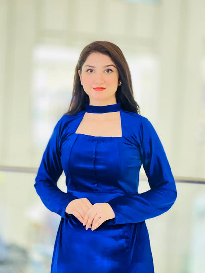 Royal blue velvet modest dress