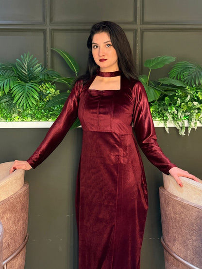 MAROON VELVET MODEST DRESS