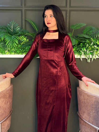 MAROON VELVET MODEST DRESS