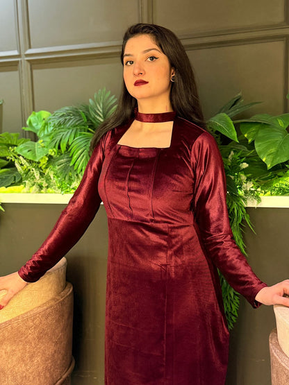 MAROON VELVET MODEST DRESS