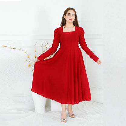 RED SQUARE NECK BACK KNOT DRESS