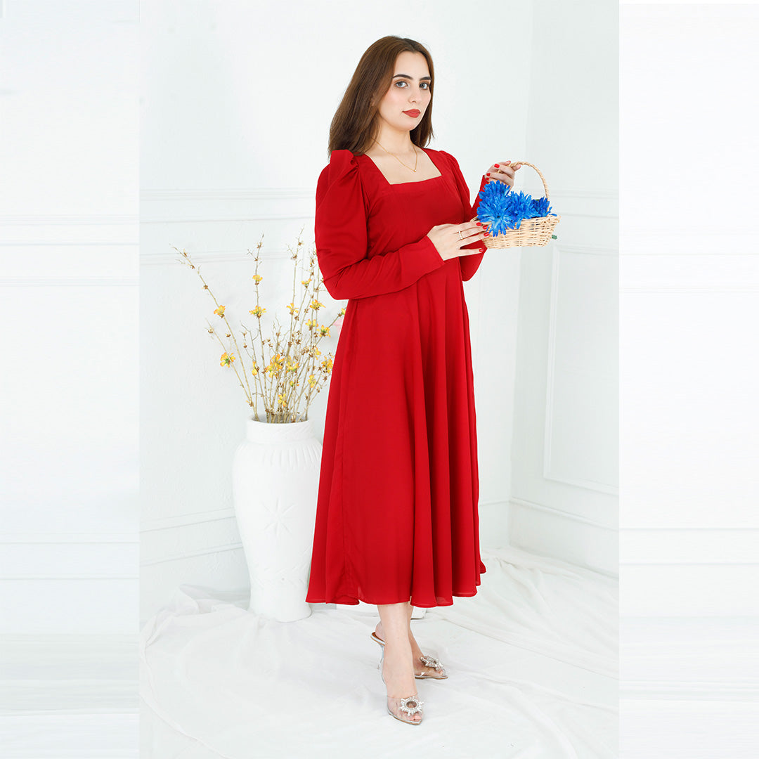 RED SQUARE NECK BACK KNOT DRESS