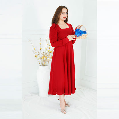 RED SQUARE NECK BACK KNOT DRESS