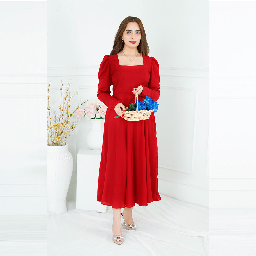 RED SQUARE NECK BACK KNOT DRESS