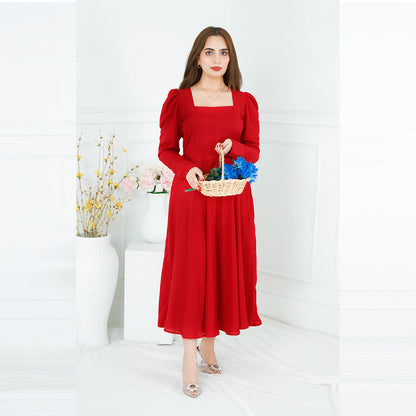 RED SQUARE NECK BACK KNOT DRESS