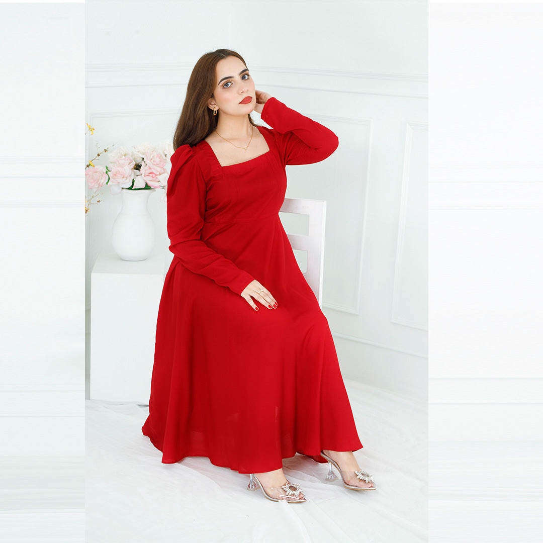 RED SQUARE NECK BACK KNOT DRESS