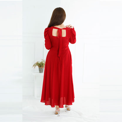 RED SQUARE NECK BACK KNOT DRESS
