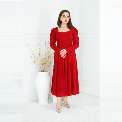 RED SQUARE NECK BACK KNOT DRESS